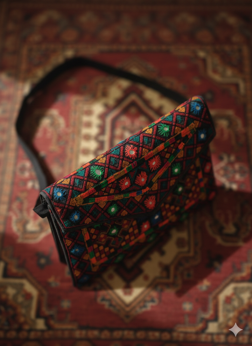 Tribal Envelope Clutch – Hand-Embroidered Crossbody Bag