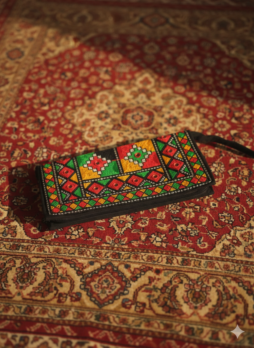 Black Geometric Tote – Hand-Embroidered Tribal Bag