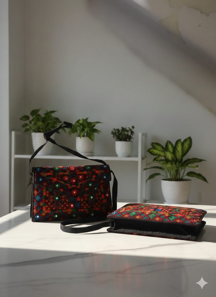 Tribal Envelope Clutch – Hand-Embroidered Crossbody Bag