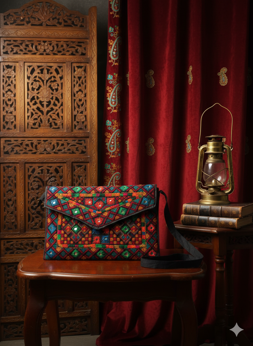 Tribal Envelope Clutch – Hand-Embroidered Crossbody Bag