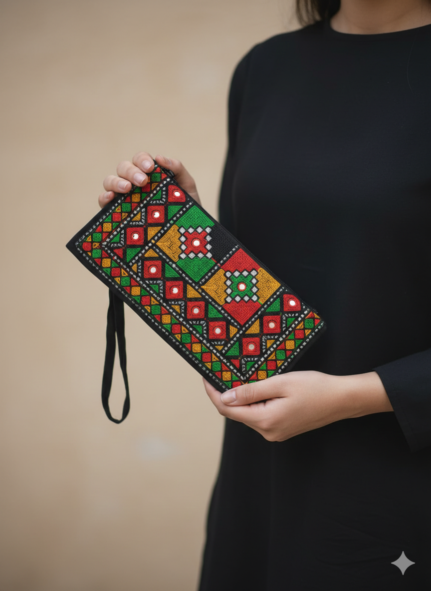 Black Geometric Tote – Hand-Embroidered Tribal Bag