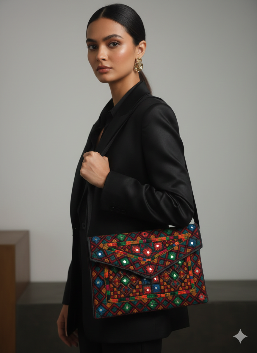Tribal Envelope Clutch – Hand-Embroidered Crossbody Bag