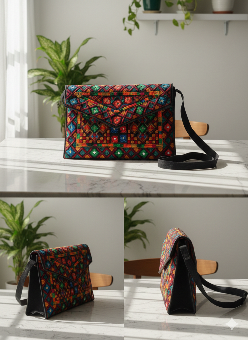 Tribal Envelope Clutch – Hand-Embroidered Crossbody Bag