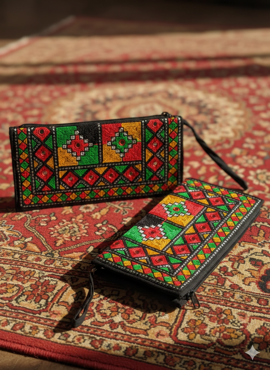 Black Geometric Tote – Hand-Embroidered Tribal Bag