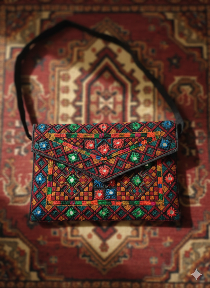 Tribal Envelope Clutch – Hand-Embroidered Crossbody Bag