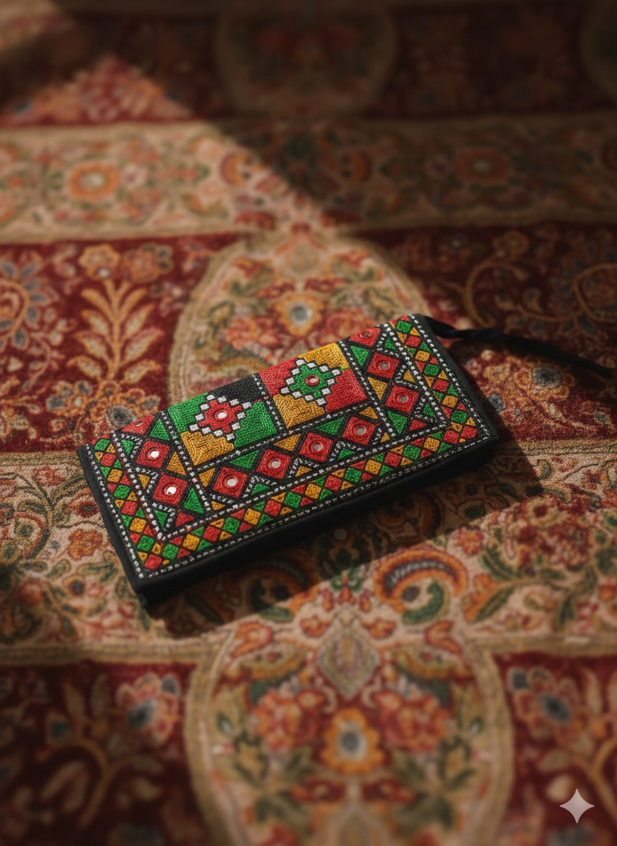 Black Geometric Tote – Hand-Embroidered Tribal Bag