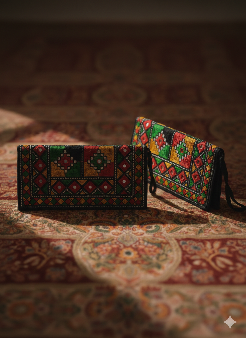 Black Geometric Tote – Hand-Embroidered Tribal Bag